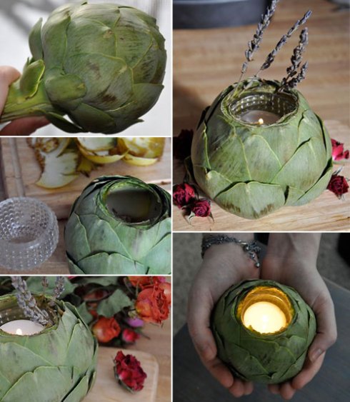 Use artichokes as candle holders Cheap and adorable